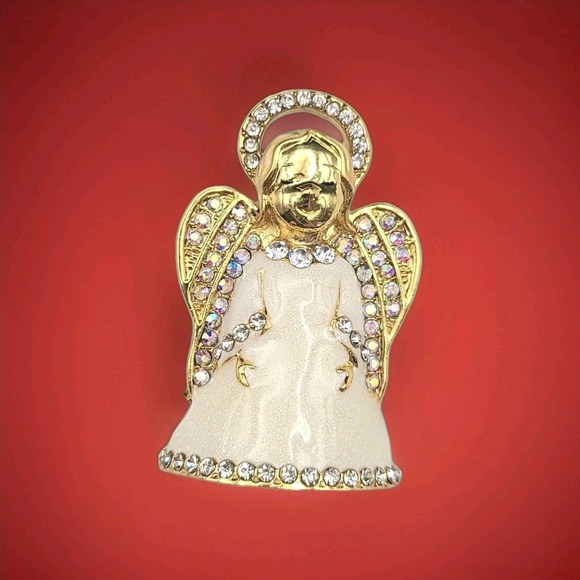 White Angel Aurora Boreales Rinestone Holiday Brooch Gold Tone Pin 3D Vintage - Picture 1 of 7